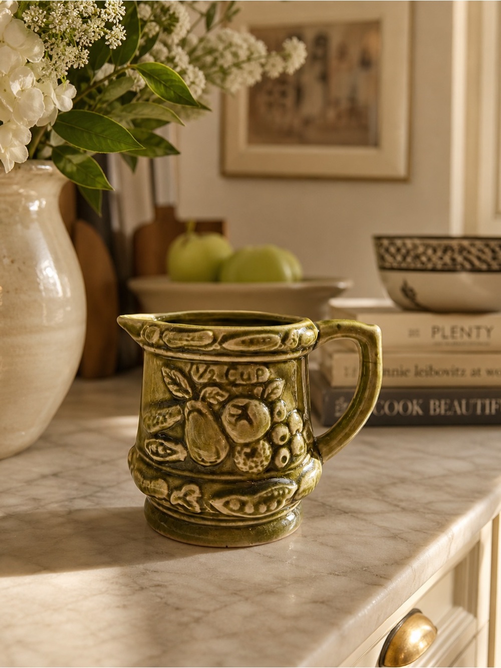 Mid-Century Vintage Japanese Majolica Green 1/2 Cup Fruit Relief Small Creamer